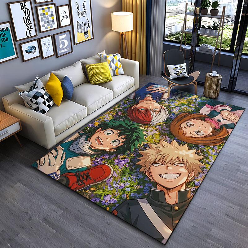 Anime Characters on Floral Carpet suitable as a non-slip mat for the living room or bedroom sofa