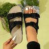 New Summer Double Buckle Classic Fashion Versatile Cork Medium Heel Thick Bottom Large Size Women's Cool Slippers