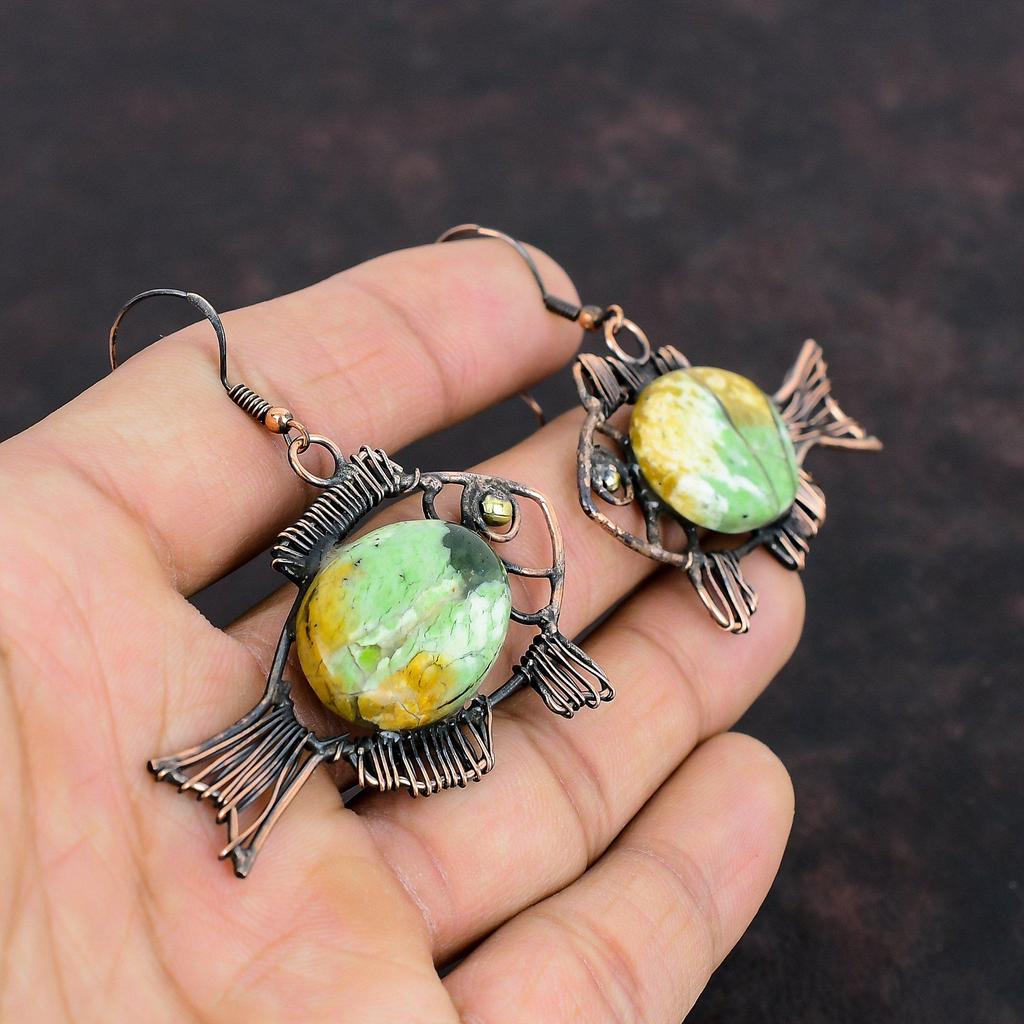 Серьги из австралийского хрома и халцедона, обернутые медной проволокой, серьги с драгоценными камнями, серьги-рыбки, украшения из медной проволоки ручной работы, подарки для жены