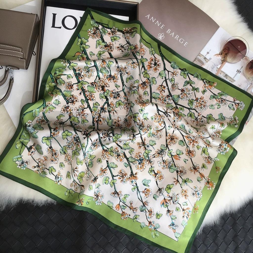 Women Elegant 53CM Square 100% Silk Scarf Flower Design Small Head Neck Hijab Kerchief Silk Bandana Scarves For Ladies