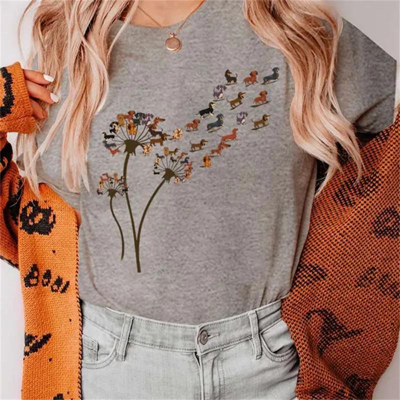 Забавная женская футболка с одуванчиком и таксой, одежда, кавайные женские футболки с мультяшным рисунком, футболка с короткими рукавами, женская футболка, топы