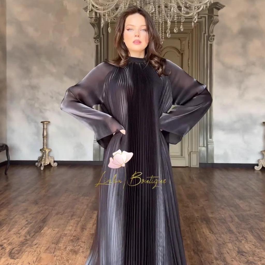 Женское платье-халат с длинным рукавом «летучая мышь», плиссированное, с круглым вырезом, осень 2025