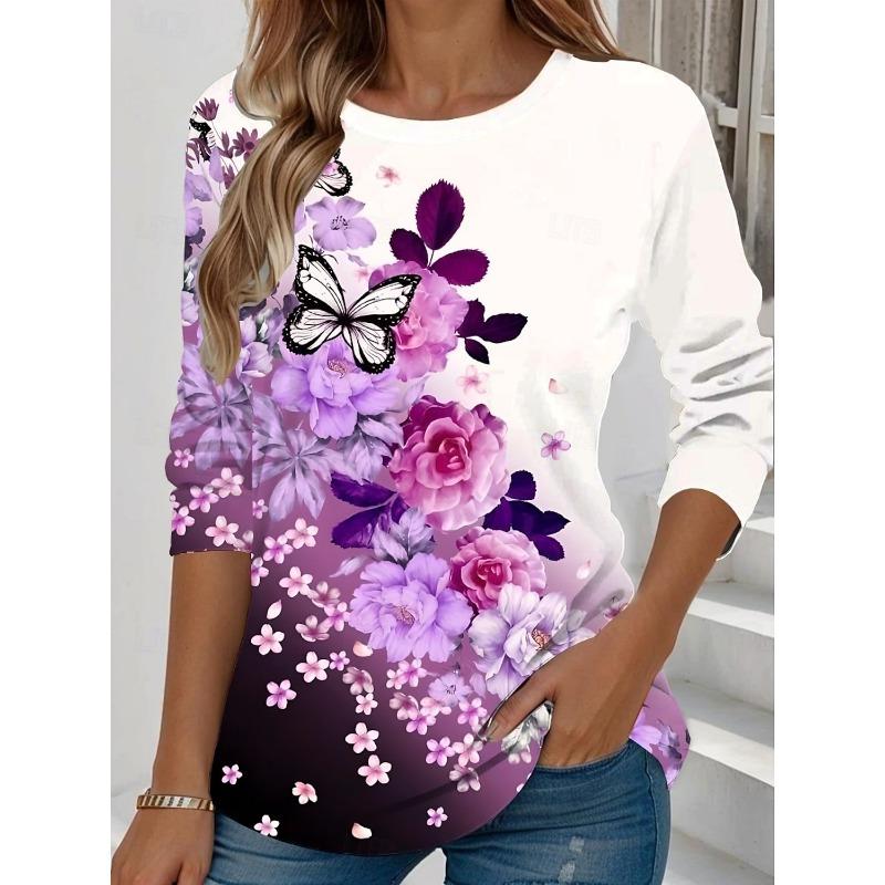 Fashion Summer Women's Floral Graphic Elegant Round Neck Long Sleeve T-Shirts Y2K Casual Tops Womens Clothing Harajuku Pullover