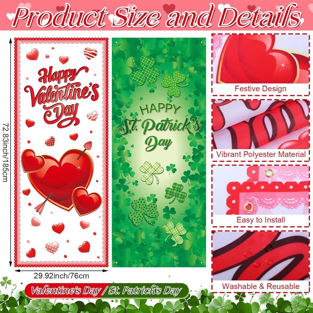 TaoBary 2 Pcs Valentine's Day and St. Patricks Day Door Covers Polyester Red Heart Happy Valentines Door Banner Green Shamrock Front Porch Decor for