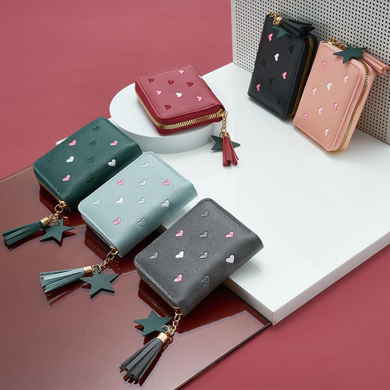 Сумка для карт из искусственной кожи, мини-кошелек для женщин, зажим для денег, вышивка «Любовь», многофункциональный кошелек для женщин, короткие сумки для хранения сертификатов