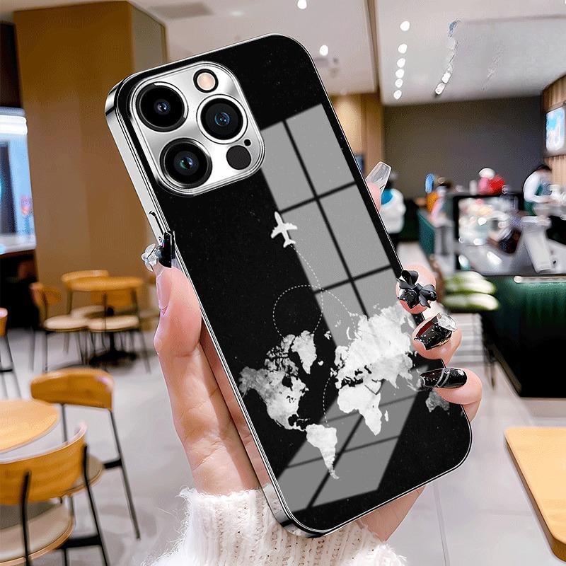 Aircraft route pattern electroplated glass phone case suitable for iPhone 17 16 15 14 13 12 11 Pro Max Plus anti fingerprint
