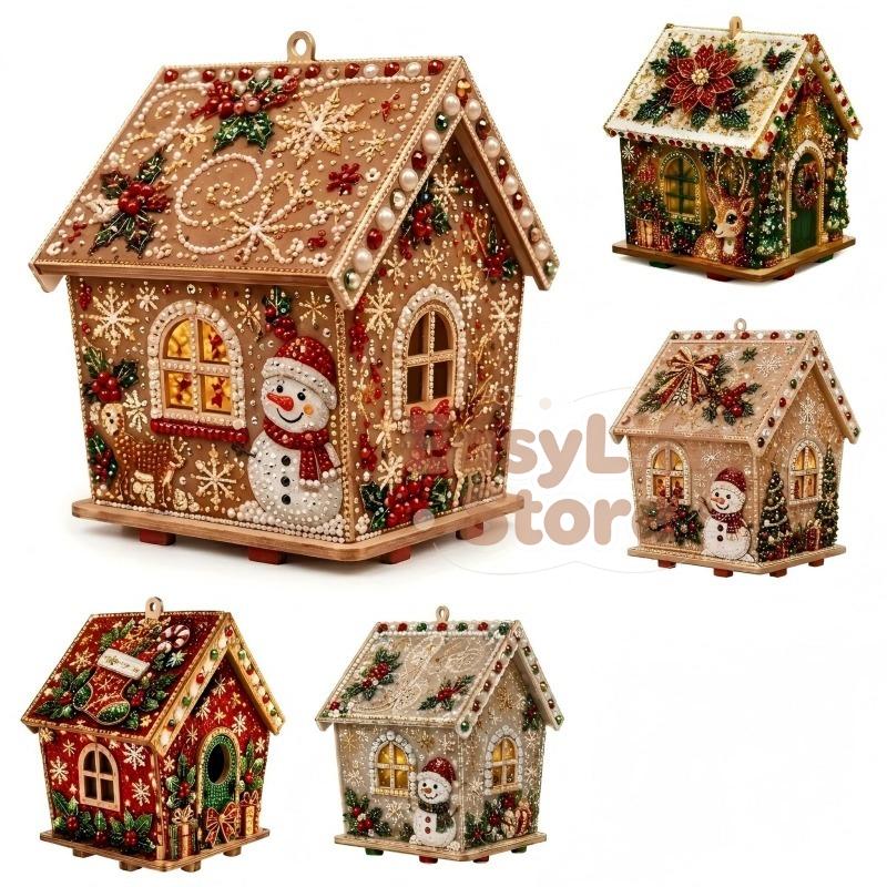 Plymagic DIY Pearl Art - Christmas Collection, 3D Wooden House Rhinestone Diamond Painting Kit with Pearl Beads