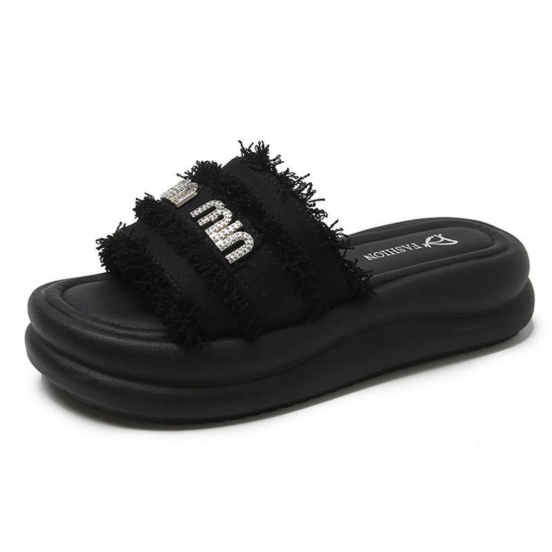 Модные сандалии-шлепанцы на толстой подошве с горным хрусталём, женские, новая летняя обувь