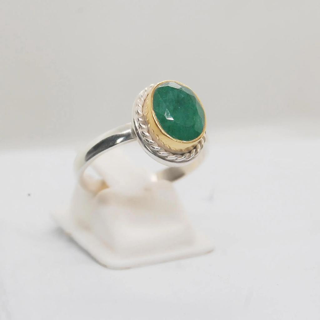 Genuine Rich Green Emerald Gems 925 Sterling Silver Yellow Gold Two Tone Ring Jewelry, Handmade Emerald Ring Jewelry