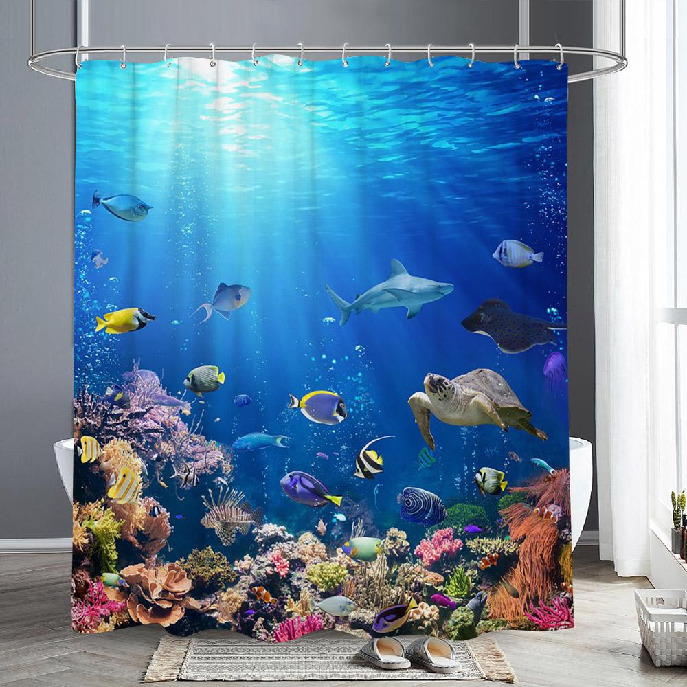 Шторки для душа с морскими животными Дельфин Морская черепаха Рыба Коралл Подводный пещерный пейзаж Ткань Детская занавеска для ванны Декор для ванной комнаты