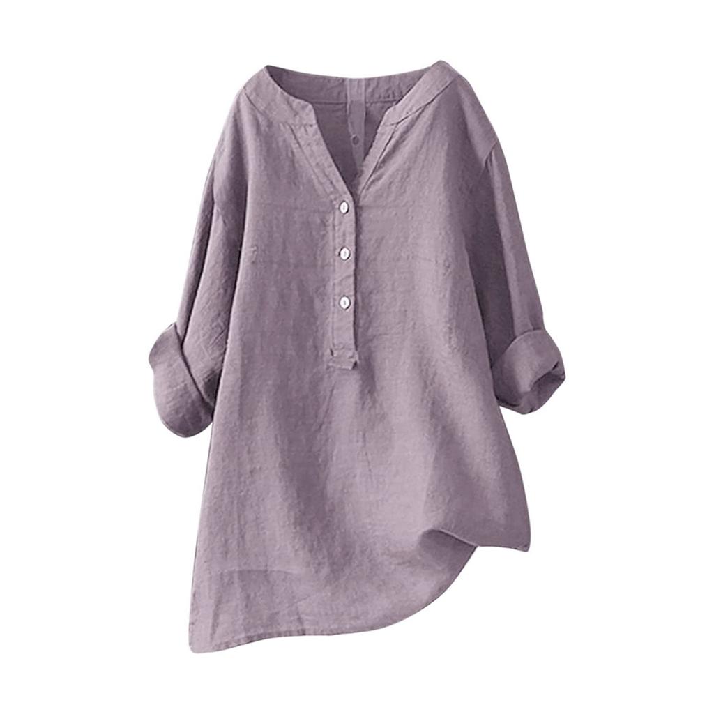 Women Solid Stand Collar Long Sleeve Shirt Casual Loose Blouse Button Down Tops