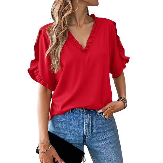 Женская рубашка с V-образным вырезом, оборками, рукавами-лепестками, однотонные топы свободного кроя, повседневная офисная дорожная рубашка