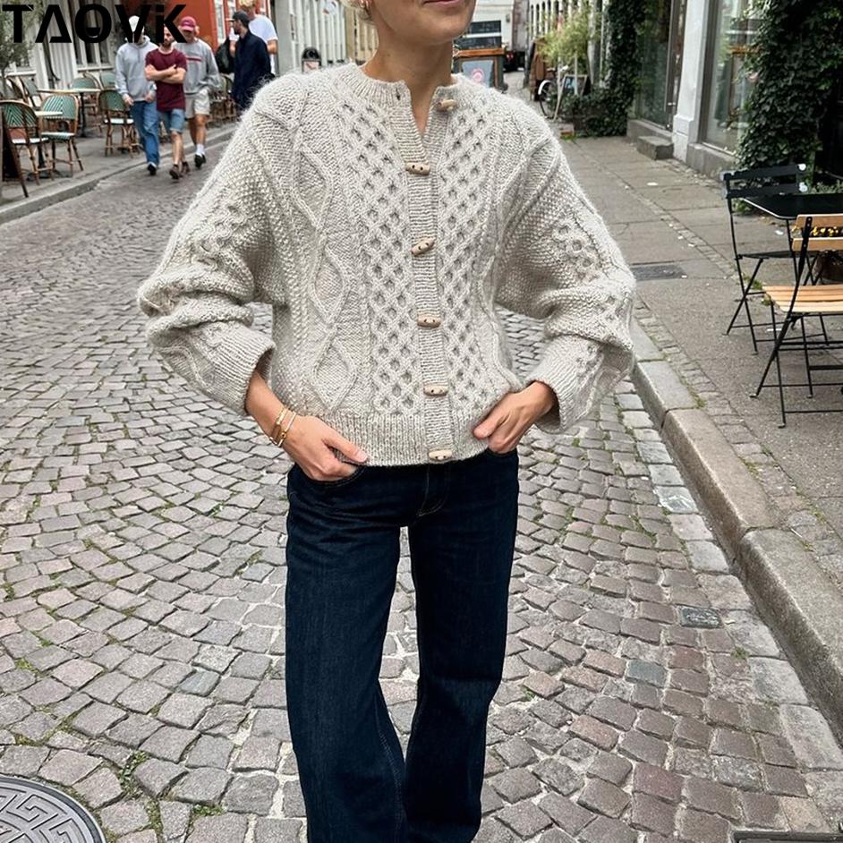 TAOVK Свободный вязаный кардиган на пуговицах для женщин, повседневный теплый свитер с круглым вырезом и длинными рукавами, повседневный женский шикарный однотонный трикотаж