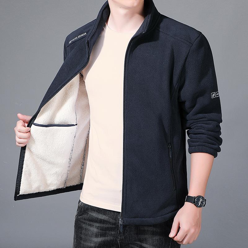 Men's Autumn and Winter Jacket with Fleece and Thick Standing Collar Casual Warm Sweater
