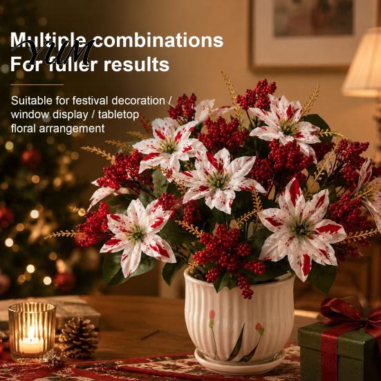 Artificial Dieffenbachia Plants 5/7/10/12 Heads Poinsettia Flowers, Christmas Fake Floral Berry Centerpiece, Maintenance Free Potted Fade-Resistant