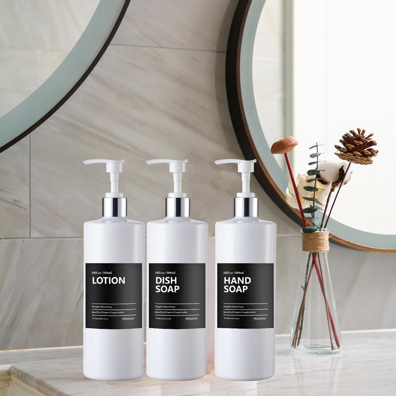 Многоразовая круглая бутылка с насосом, 500 мл, с водонепроницаемыми этикетками для кухни, ванной комнаты, бутылки для шампуня и кондиционера в отеле