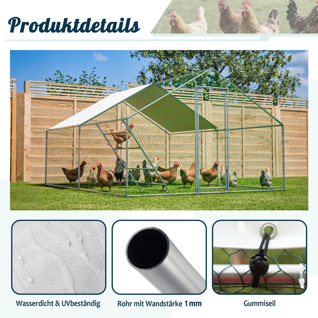Chicken Coop 3x4m with Perch Ladder & Safety Lock - Waterproof UV Protection Tarp, Reinforced 1mm Steel Tubes - Ideal for Pigeons, Ducks, Turkeys