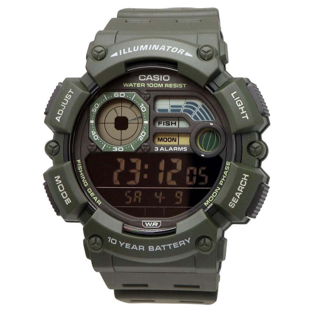 Casio Цифровые мужские часы WS-1500H-3BV с отображением данных о рыбалке и лунных данных, черный инвертированный ЖК-дисплей, армейский зеленый, модель для зарубежного рынка [параллельный импорт]