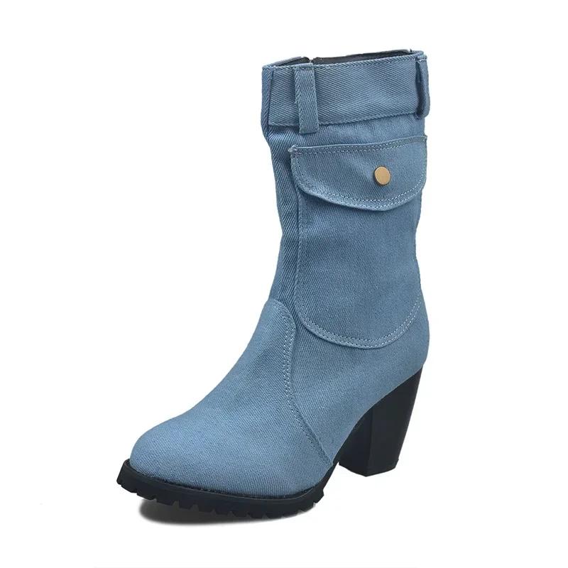 Ретро-джинсовые сапоги до середины голени, осенне-зимние, с круглым носком, римские туфли, карманы, молния сбоку, толстые высокие каблуки, короткие сапоги, боты