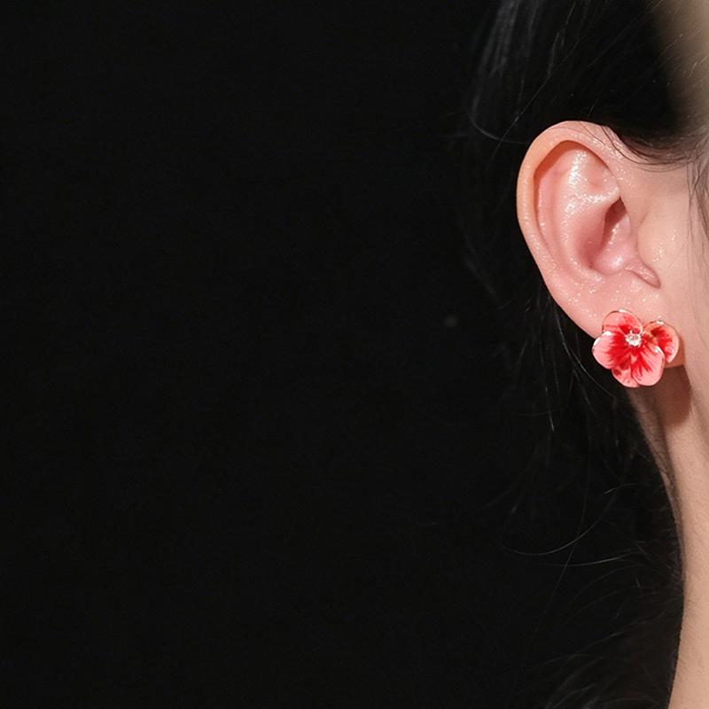 Huitan Gorgeous Red Enamel Flower Stud Earrings for Women Gold Color with CZ Sweet Wedding Engagement Charming Party JewelryGood product