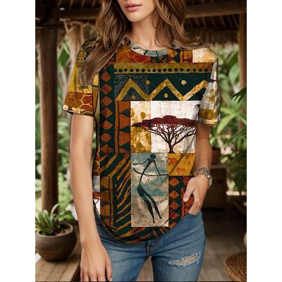 Женская футболка с графическим геометрическим рисунком, цветными блоками, в стиле бохо, винтажная этническая, с коротким рукавом, круглым вырезом, круглым вырезом, стандартные топы на каждый день, на выход