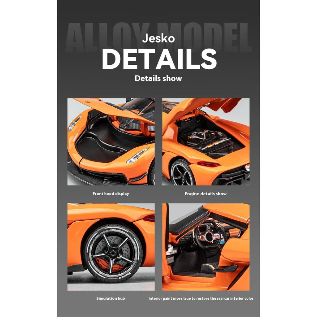 1/24 Koenigsegg Jesko Крутая Спортивная Машина, Модель из Сплава, Дверь-Гильотина, Имитация Звука и Света, Воссозданные Детали, Изысканные Настольные Украшения