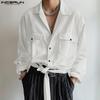Spring Men Lapel Neck Long Sleeve Solid Color Shirts Buttons Bandage Casual Tops