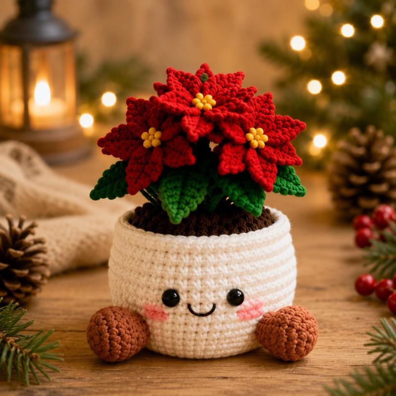 Handmade Crochet Christmas Decorative Plant Pot With Smiling Face - Festive Indoor Desk Ornament Holiday Home Office