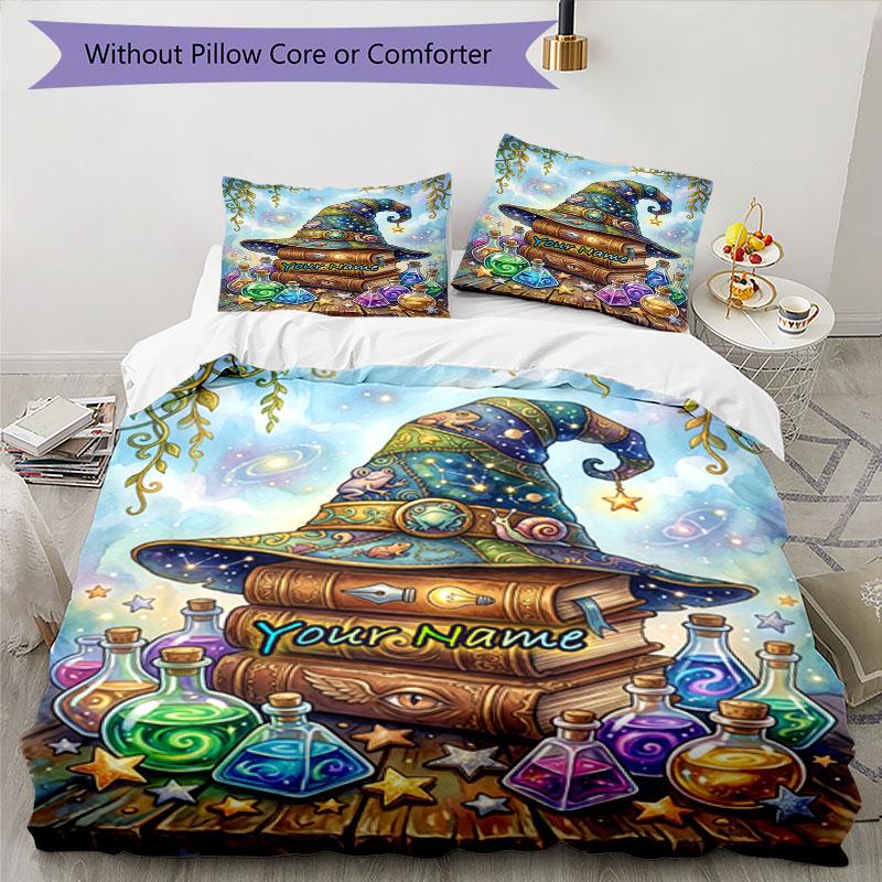 3PC Custom Name Magic Hat Potions Bedding Set Duvet Cover Closure Includes 1 Duvet Cover & 2 Pillowcases for Bedroom