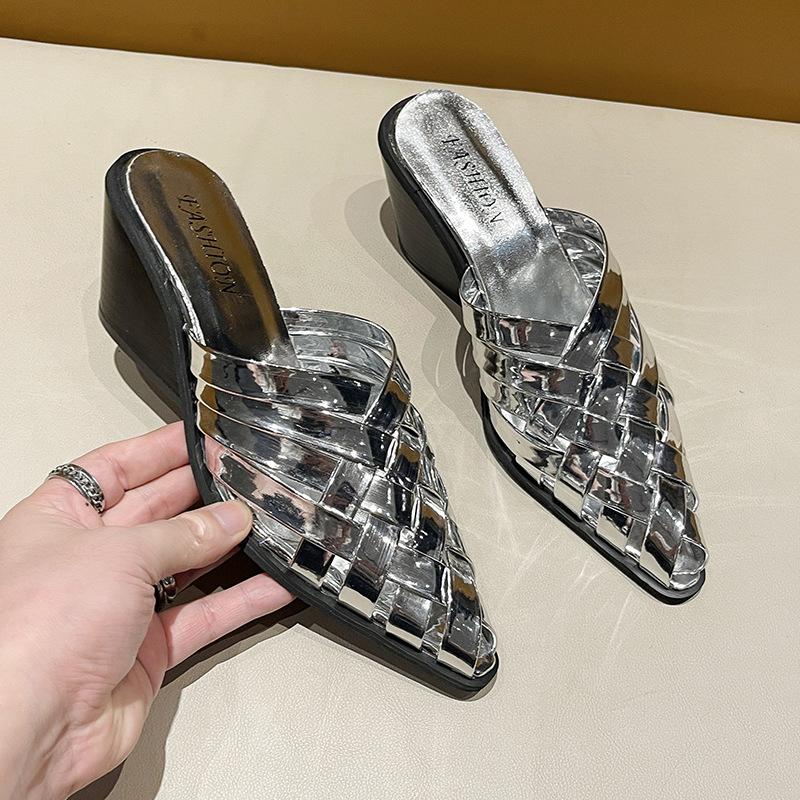 Модные женские плетеные сандалии на танкетке с толстой подошвой и острым носком, большого размера, повседневная пляжная обувь