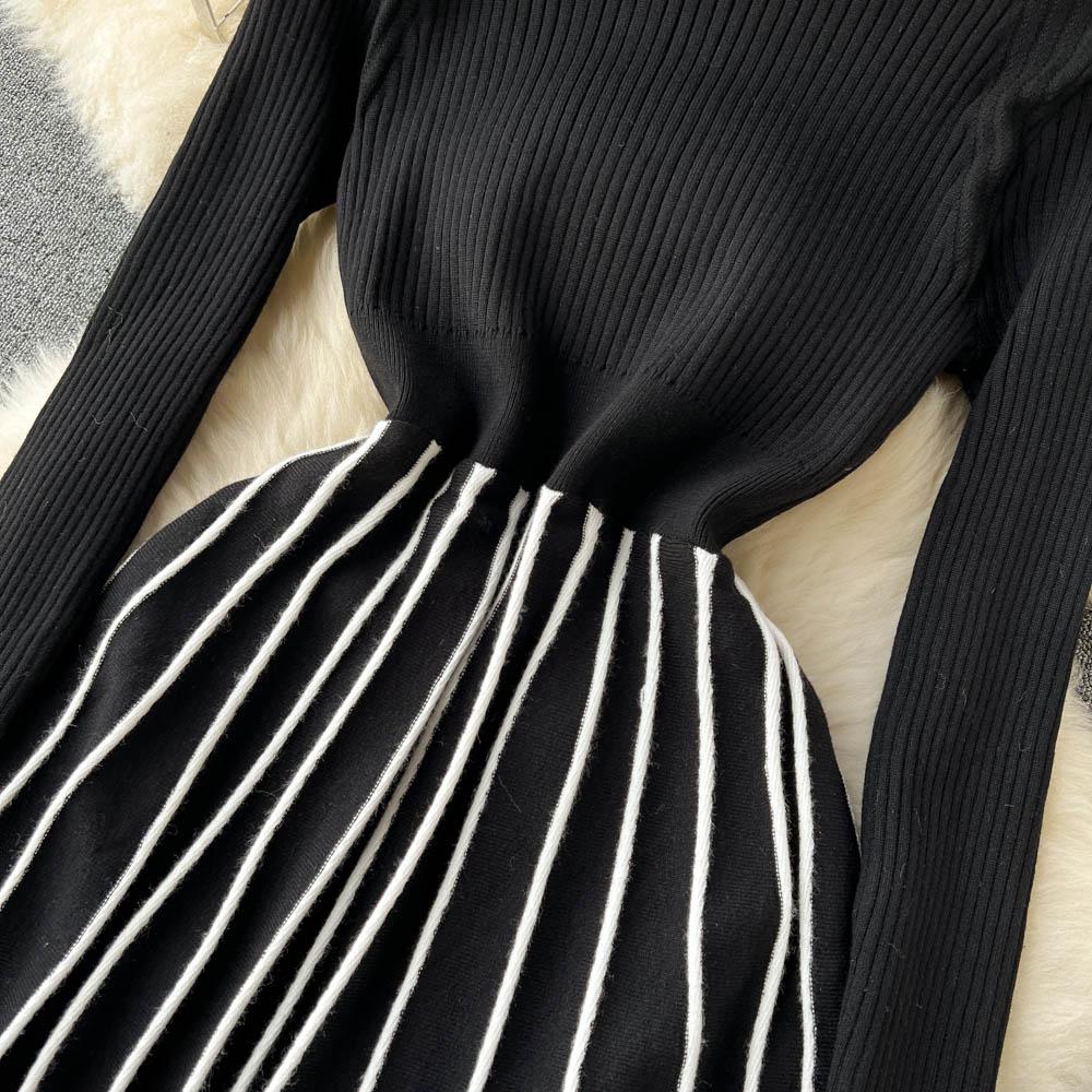 Зима-Осень, водолазка, теплый вязаный пуловер, платье-свитер, женские повседневные черные полосатые плиссированные платья