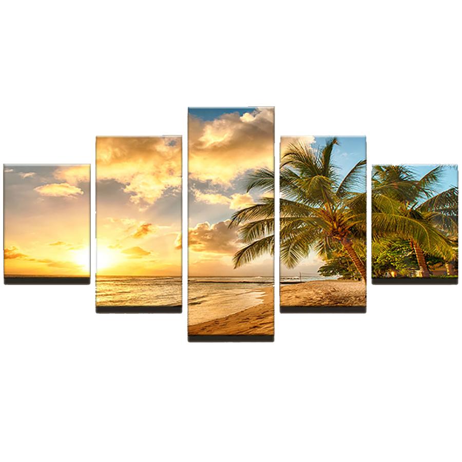 Wall Art Canvas Painting Modern Pictures Home Decoration Posters 5 Panel Palm Trees Sea Sunset Landscape Living Room HD Printed No Frame