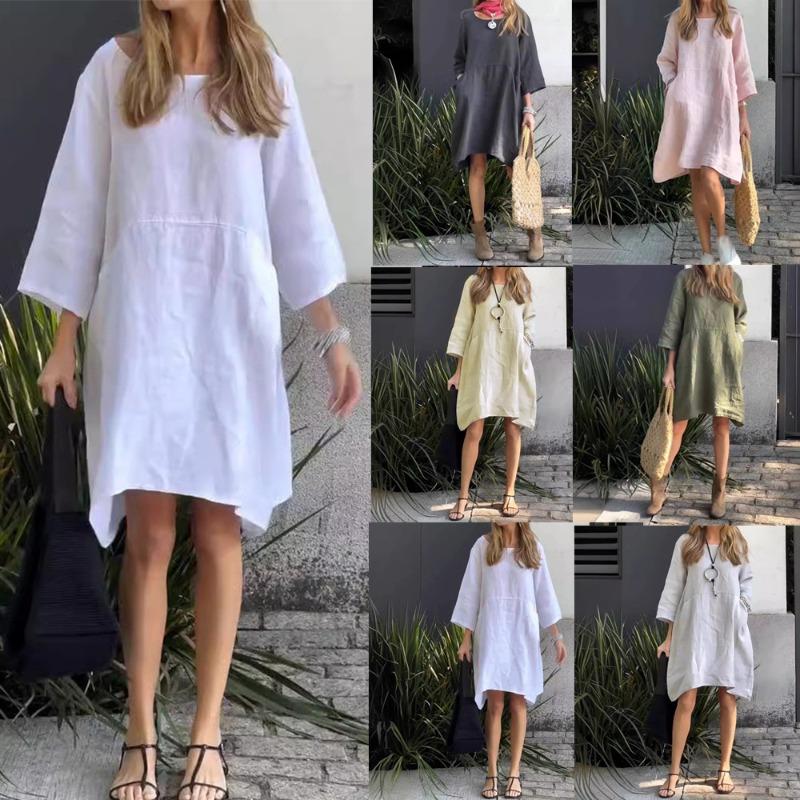 Summer Women's Loose Casual Pocket Solid Color Dress