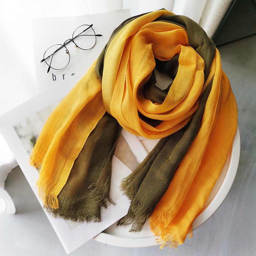 Gradient Color Block Bamboo Yarn Scarf for Women - Japanese Korean Mori Girl Style, Autumn Winter Cotton Linen Flax Shawl