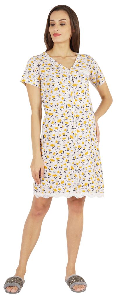 Inkmeso Printed V-Neck Nightgown Sleepwear For Womens Nightshirt Soft Button