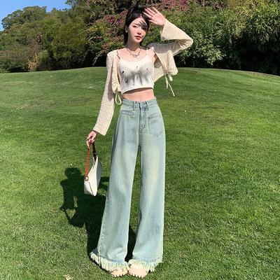 Светло-голубые джинсы с высокой посадкой, облегающие, широкие от бедра, для женщин, новые весенне-осенние, свободные, прямые, с бахромой, брюки-швабры