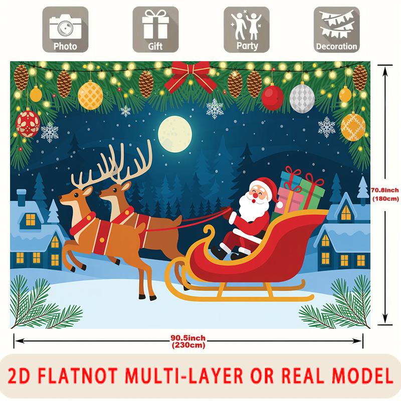 Party Backdrop Christmas Flat Santa Sleigh Reindeer Winter Night Snowy Village Photo Background Decor Front Door Decor