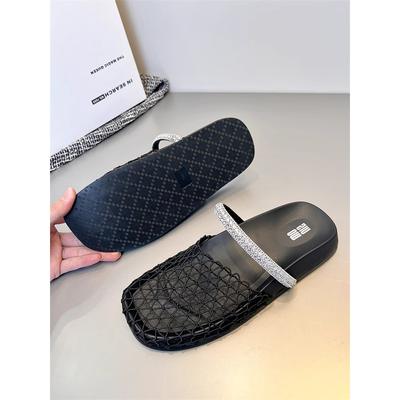 Сандалии женские римские с квадратной головкой и сетчатым плетением из французской ткани 2025 года, удобные полые пляжные полутапочки с плоской подошвой