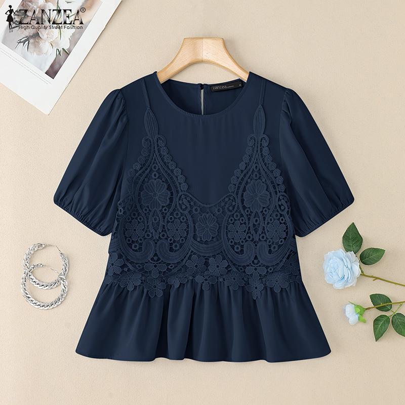 ZANZEA Женские повседневные футболки с круглым вырезом, крючком, пэчворк, летние, с коротким рукавом