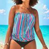 2Pcs/Set Women Swimsuit Set Bandeau Sleeveless Striped Print Swimming Tops High Waist Swimming