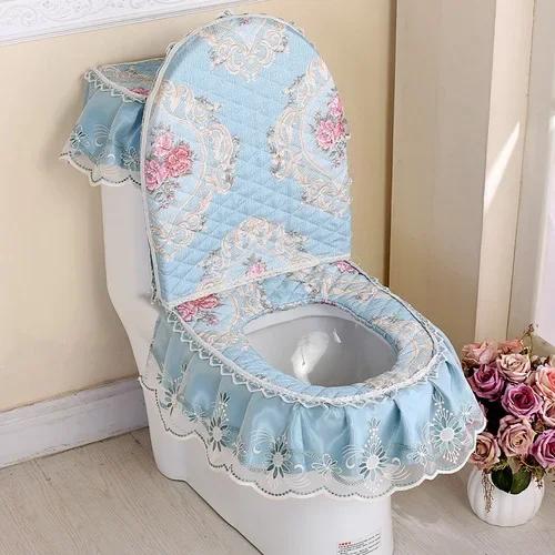Декор из кружевной ткани с принтом Коврик для унитаза из трех частей Большая юбка Подол Чехол на сиденье для унитаза с молнией Пылезащитный чехол для унитаза