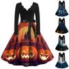Women's Vintage Classic Dress Neck Waist Bow Tie Long Sleeves Halloween Print V Neck Swing Dress
