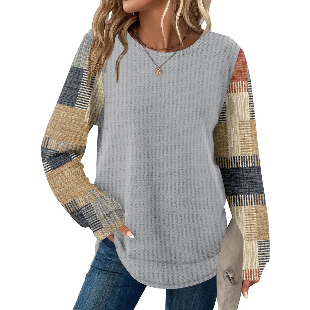 Женский повседневный топ свободного кроя с круглым вырезом и длинными рукавами в клетку