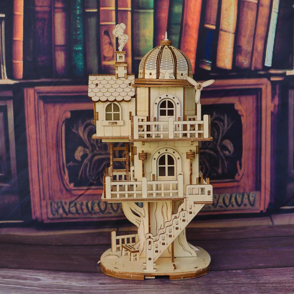 3D деревянная модель-пазл домика на дереве, деревянная лесная хижина-вилла, многоэтажный купольный building assembly model, ручной DIY creativ