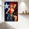 Vintage Pin-Up Cowgirl Metal Tin Sign Blonde Curly Hair Red Hat Flower White Bustier Blue Motorcycle Texas Flag Bar Man Cave Hom