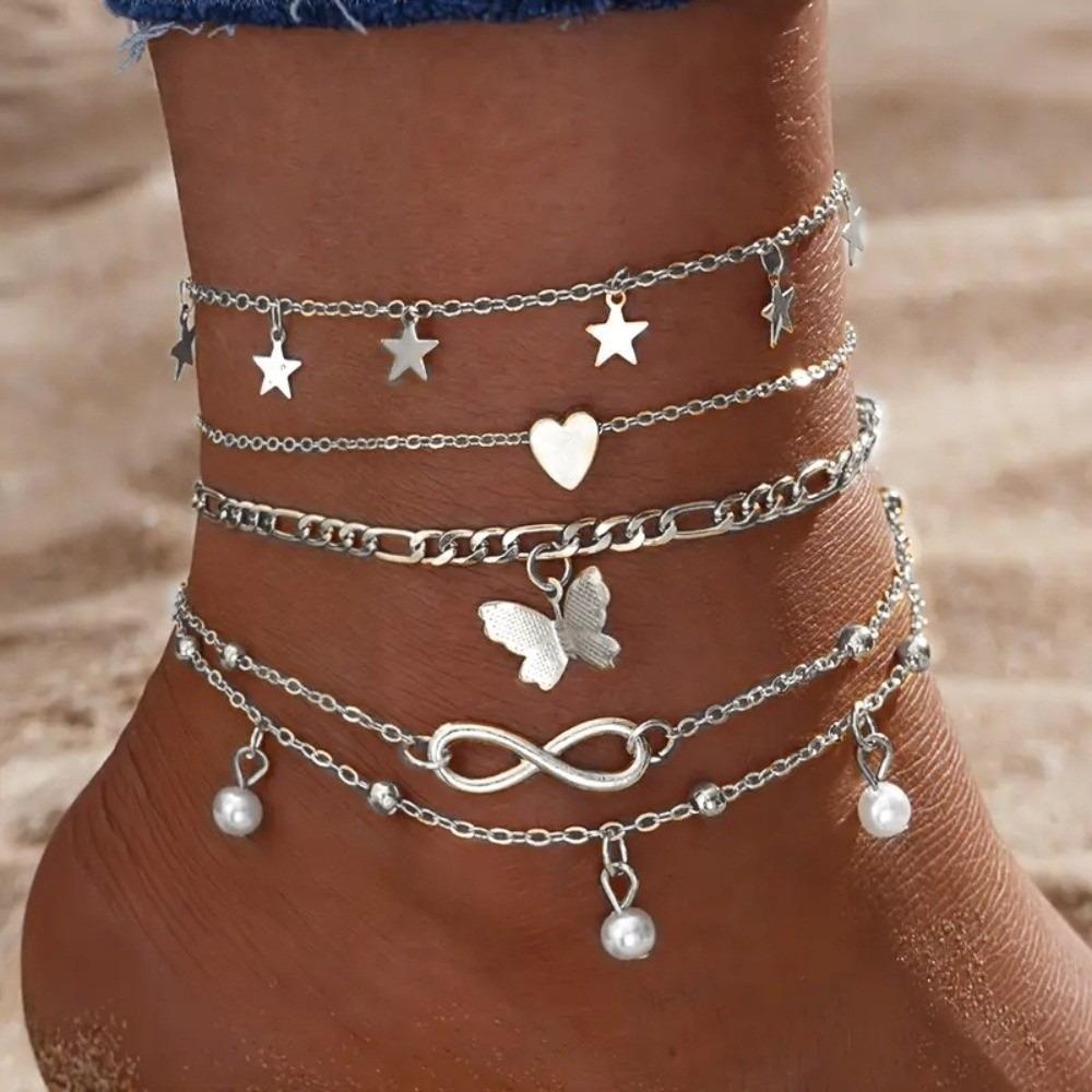 4Pcs/5Pcs Adjustable Heart Charm Anklet Pearl Charm Anklet  Women Girl Jewelry Accessories