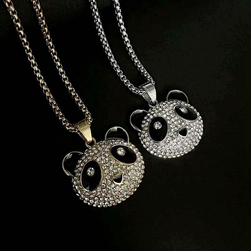 Luxury Hip Hop Stainless Steel Funny Animal Panda Pendant with Rhinestone Rock Hip Hop Necklaces for Mens Jewelry Gifts