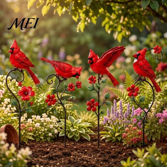 Grandma Memorial Tributes Red Bird Garden Stake, Metal Yard Art Hand Painted Lawn Flower And Ornament for Patio Pathway Site Stake