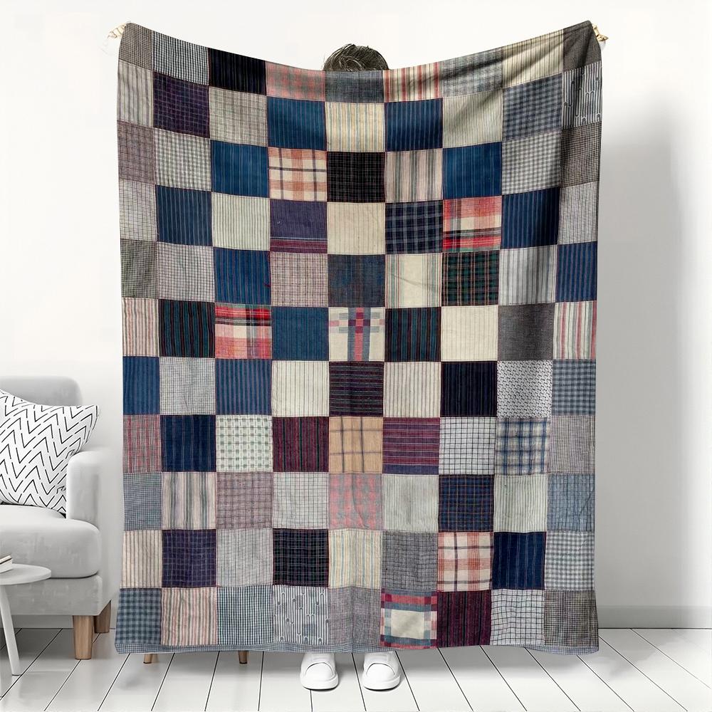 Vintage Plaid Patchwork Flannel Blanket, Retro Checkered Throw, Soft Cozy for Rustic Home Decor, Warm Sofa Couch Gift