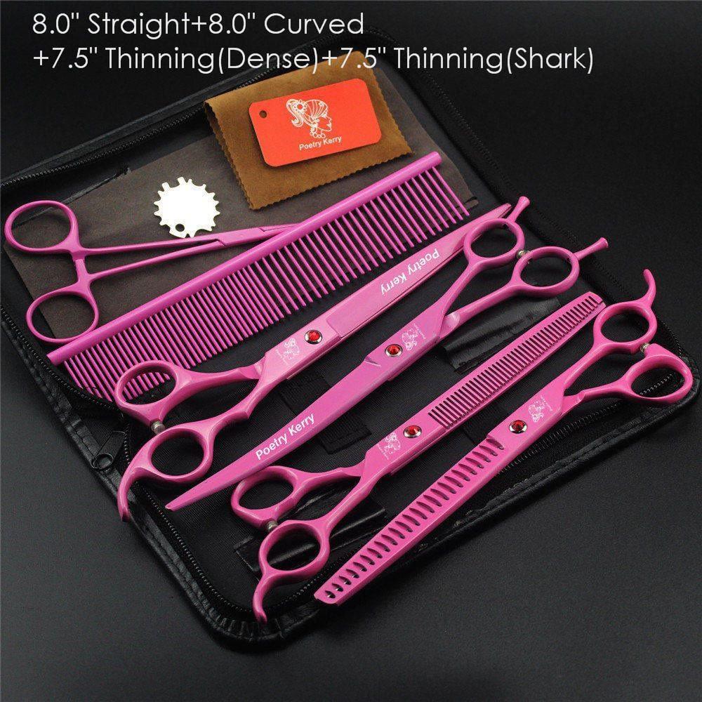 7.0" 8.0 Ch Profional Pet Scissors for Dog Groomg Straight & Thng & Curved Shears FeShark Teeth 4pcsSet +Comb Bag